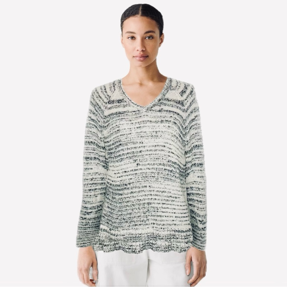 $180 Eileen Fisher Marled V Neck Striped Cotton Blend Sweater Top Sz M